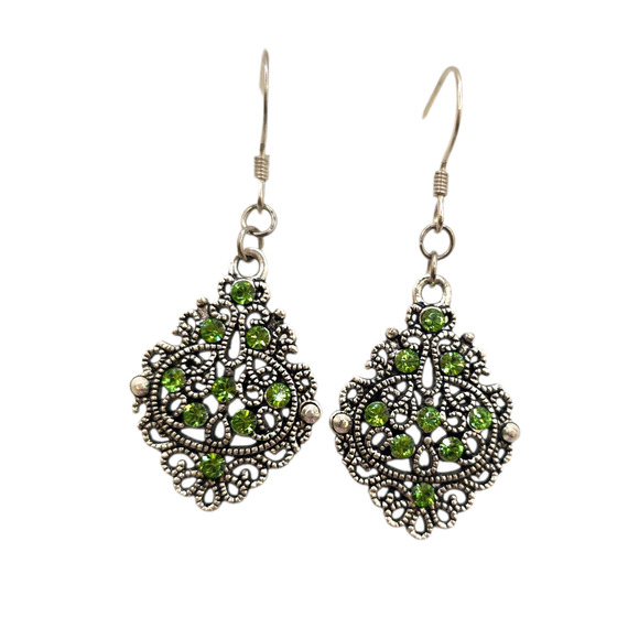 Pierced Earrings Filigree Dangle Drop Silver Tone Green Rhinestone Hook Boho - Picture 1 of 7